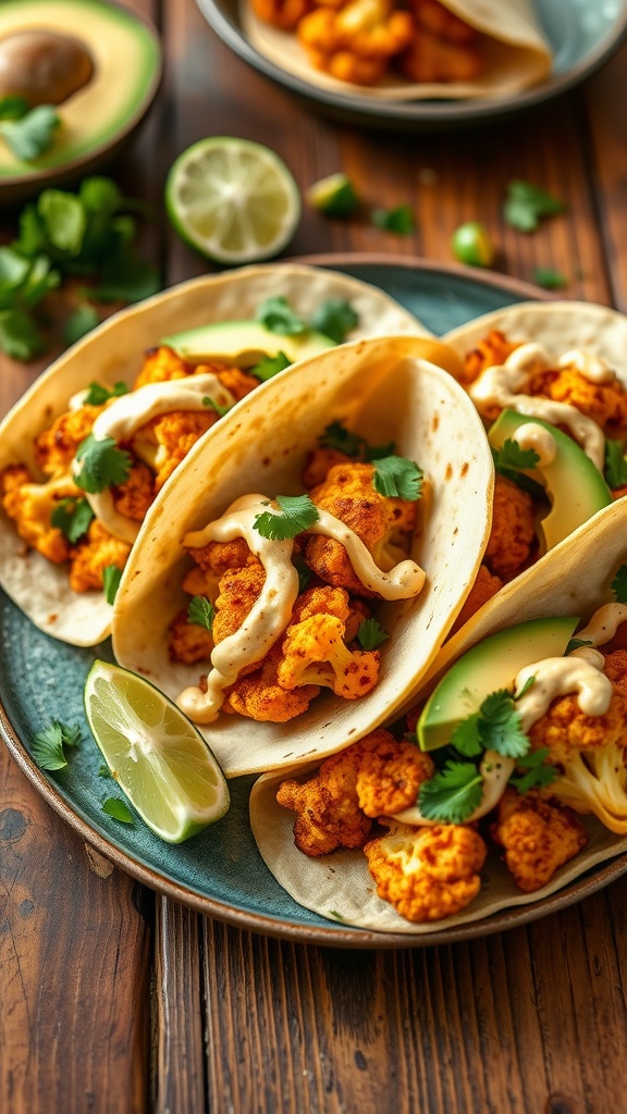 Colorful spiced cauliflower tacos topped with chipotle lime sauce and avocado slices, served with lime wedges.
